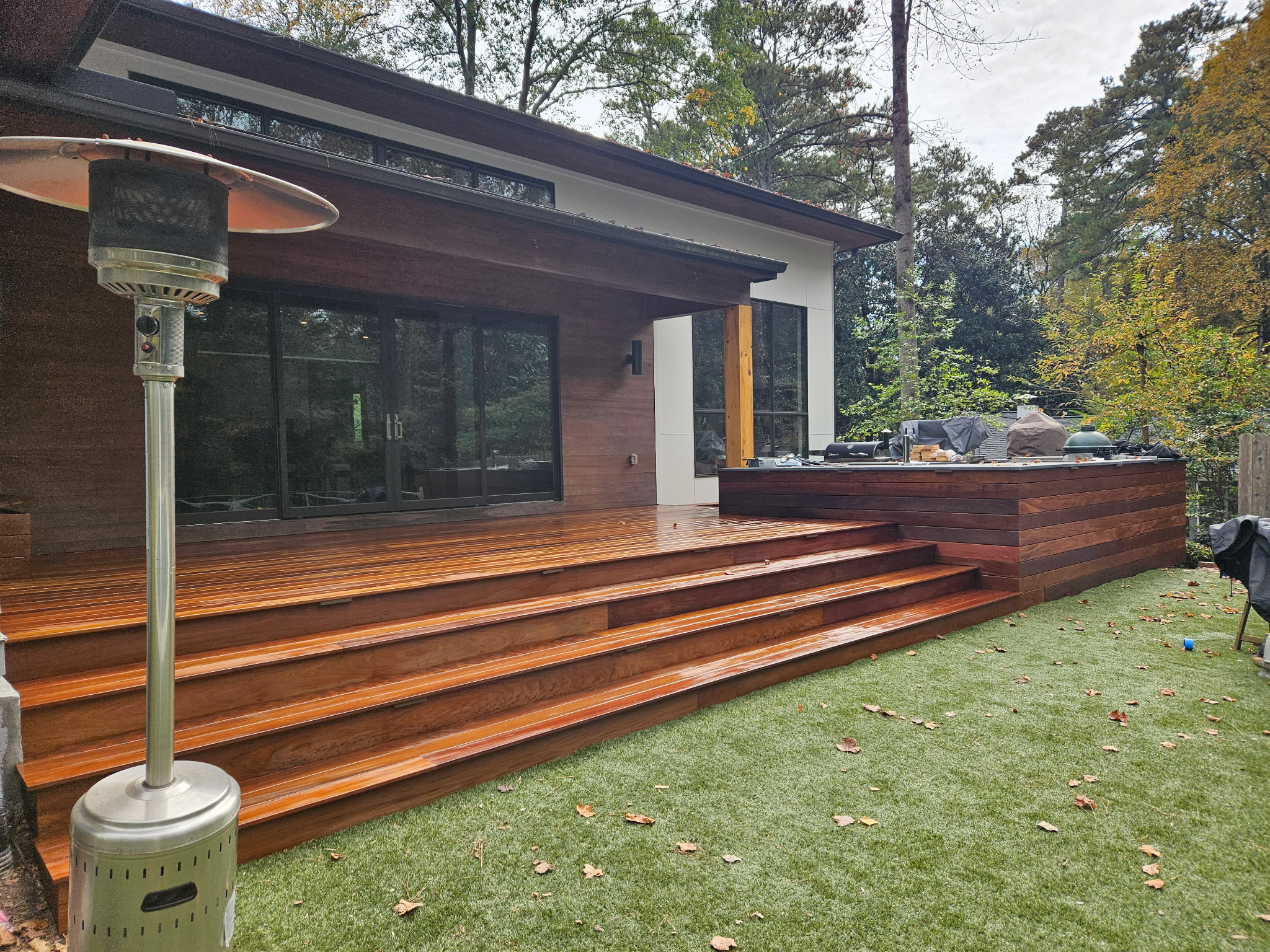 Covered outdoor living with wood beams